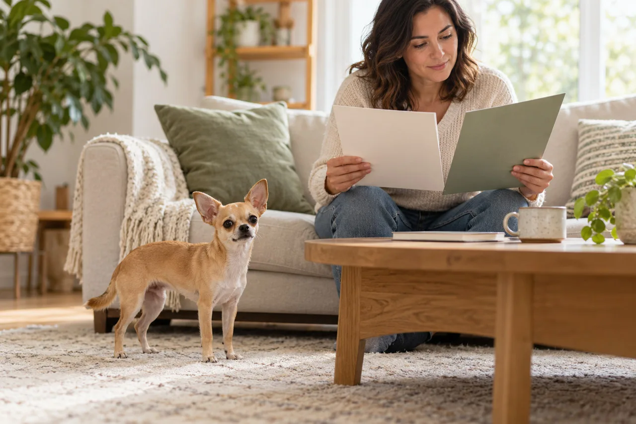 Owner reviewing folders at home beside a small dog